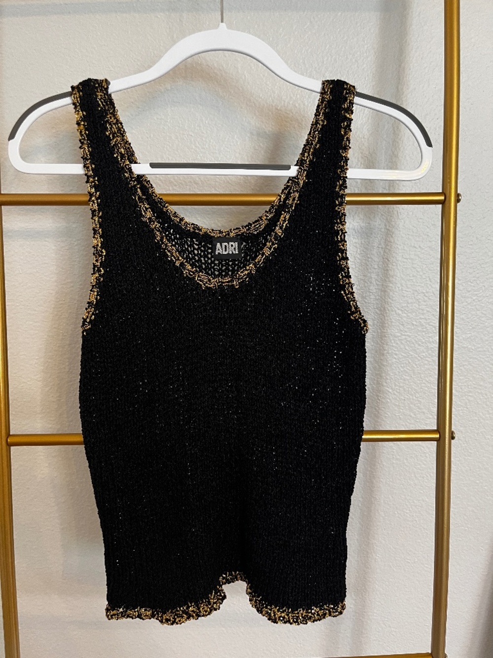 Vintage ADRI Black Gold Metallic Bouclé Knit Tank Top Sleeveless Lillie Rubin